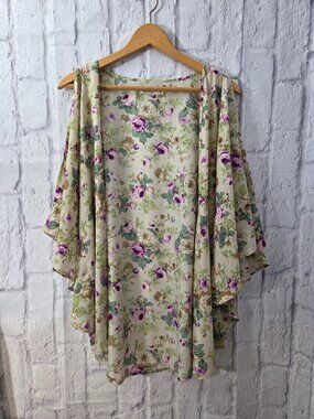 Leshop Medium Green Purple Floral Open Front Slit Arm Batwing Spring Kimono